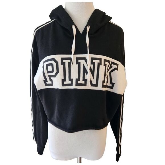 PINK Victoria's Secret Cropped‎ Poll Over Hoodie Black White Medium - Picture 1 of 6